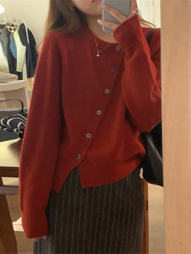 红色斜扣针织外套上衣022