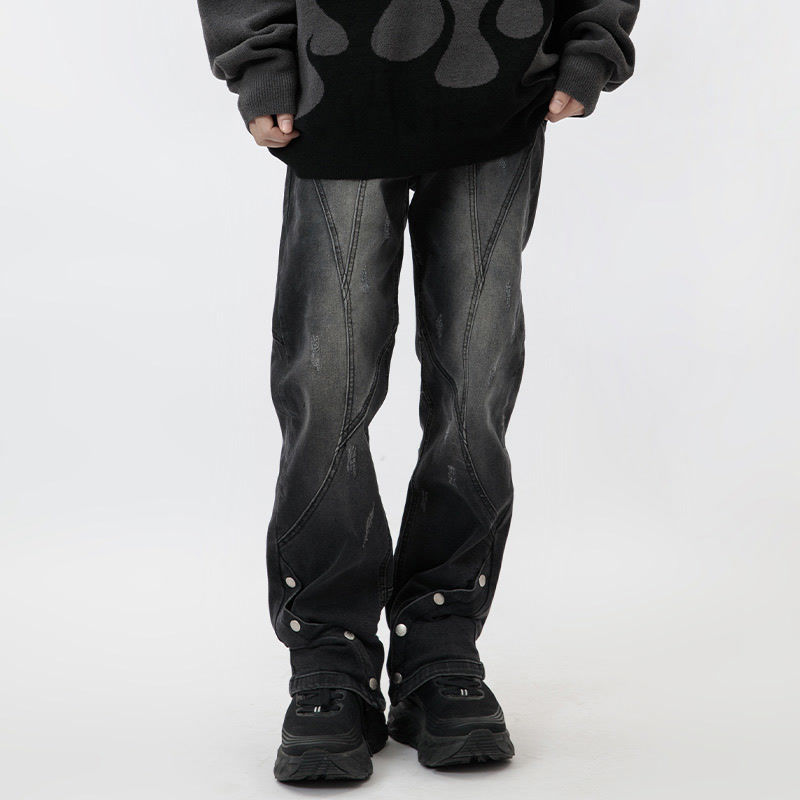 STRLAB美式重磅高级感微喇牛仔裤男阔腿黑色高街宽松vibePOLO衫