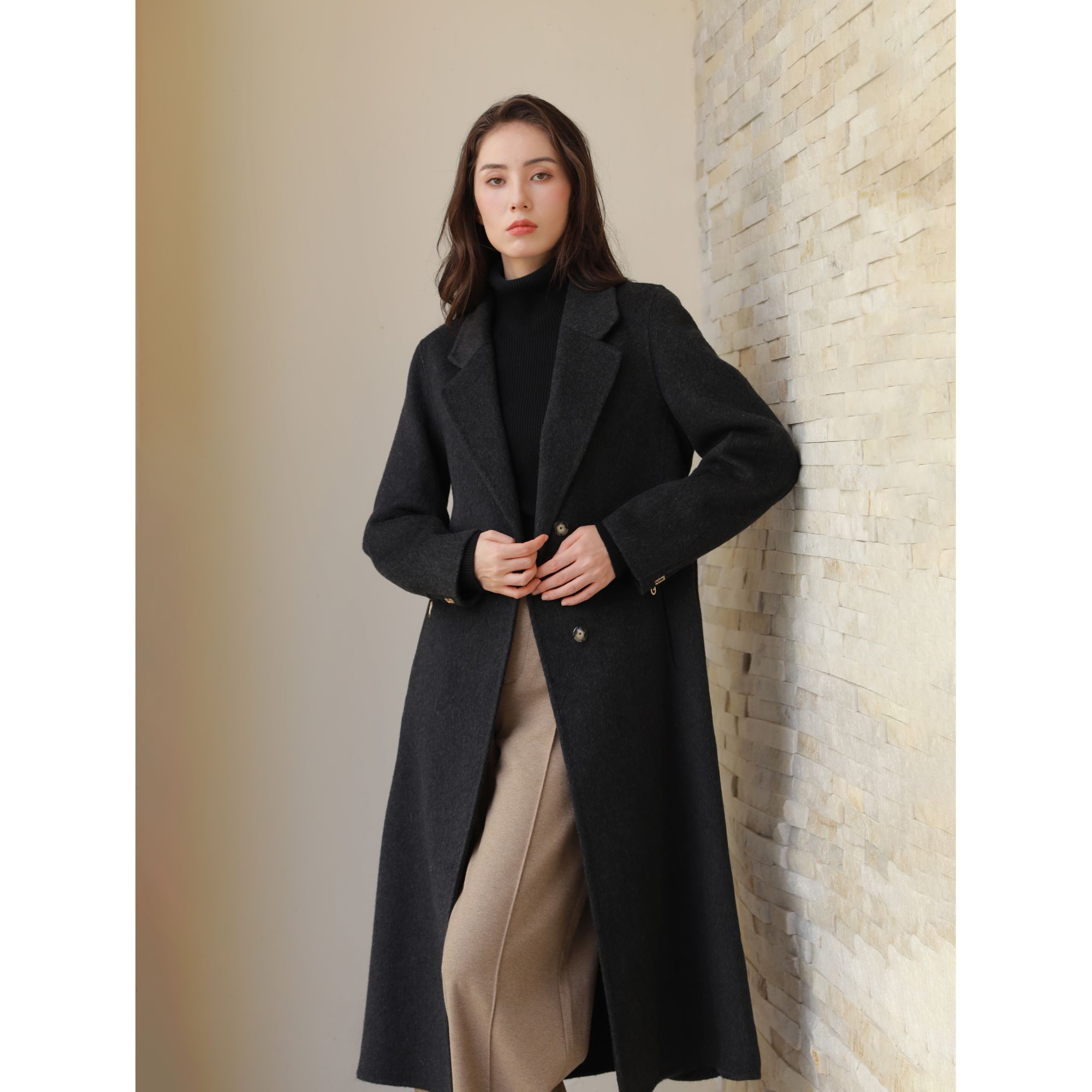 DFWOOLEN【山羊绒&绵羊毛&天丝】高端半里衬大衣女款24682