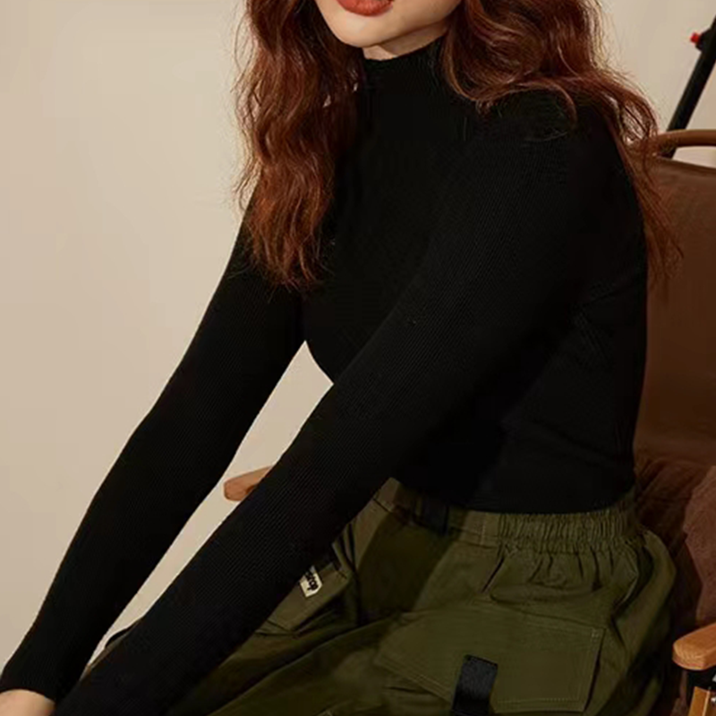 长袖针织衫2024春季新款保暖打底衫黑色修身长袖百搭时尚紧身