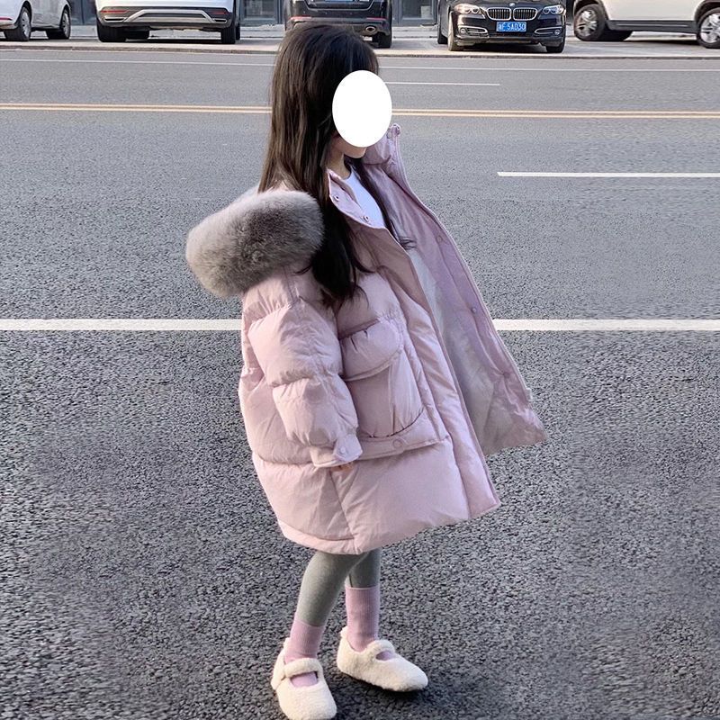巴拉巴拉女童洋气毛领连帽羽绒羽绒服中长款儿童2023新款加厚保暖