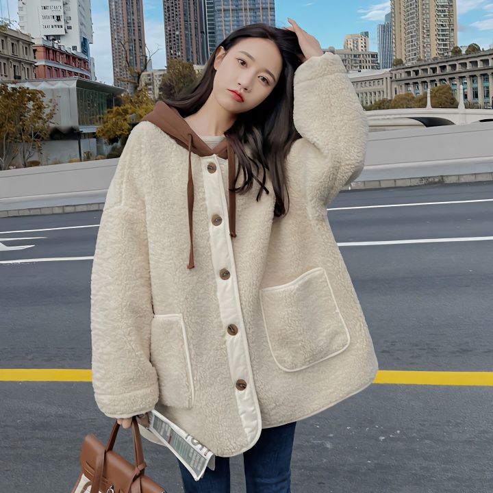 皮毛一体外套秋冬2023新款韩系宽松拼接设计感连帽加厚上衣