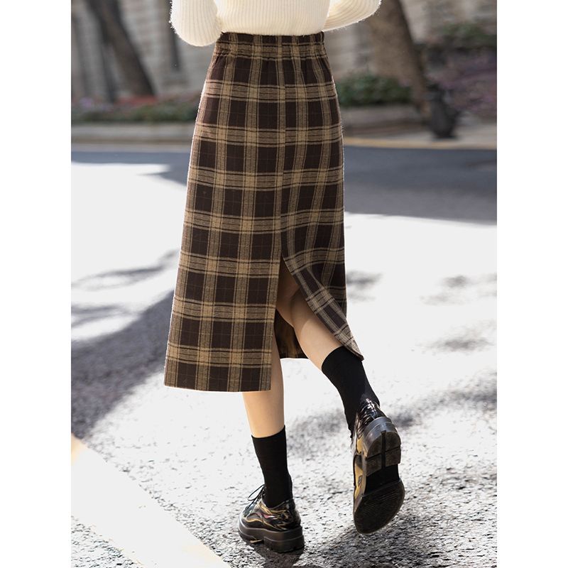 复古格子半身裙女2023新款秋冬高腰显瘦A字裙中长开叉毛呢一步裙