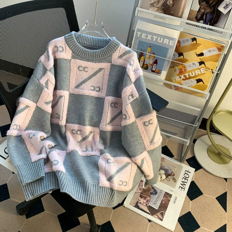 大码胖mm200斤宽松套头撞色格子毛衣女秋冬2023新款加厚针织外套