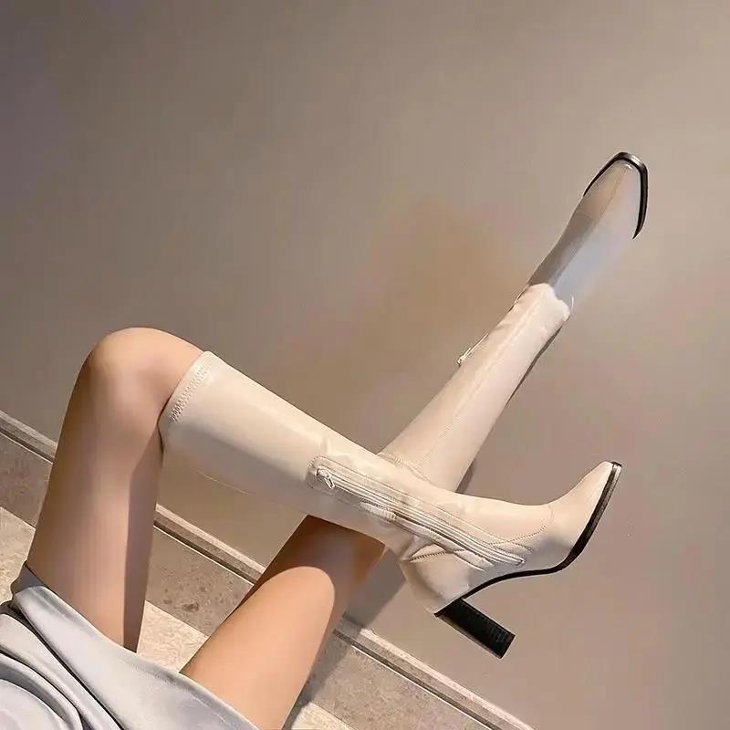 红蜻蜓牌奶白色不过膝长靴女高跟小个子中筒高筒骑行靴粗跟秋冬