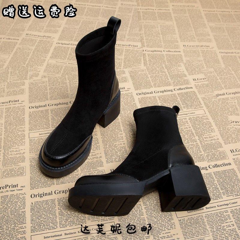 红蜻蜓牌真皮高跟弹力靴粗跟2023新款马丁靴秋冬季爆款短靴春秋切