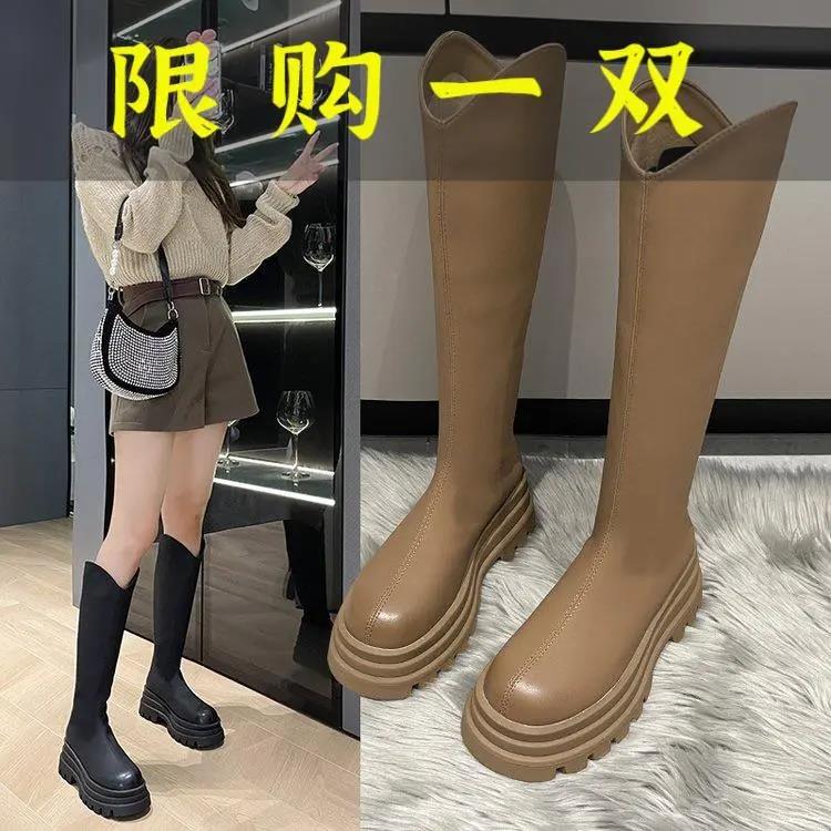 红蜻蜓牌真皮增高磨砂口显瘦长靴71-20厚底骑士靴靴子秋冬长