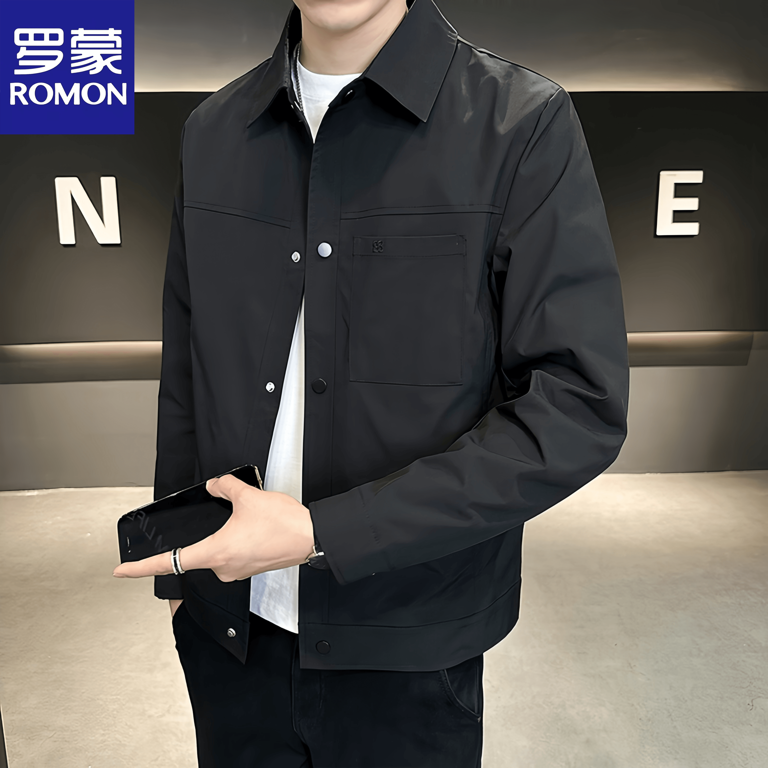 Romon/罗蒙男士外套春秋款帅气青年工装翻领春季男韩版潮流机车服