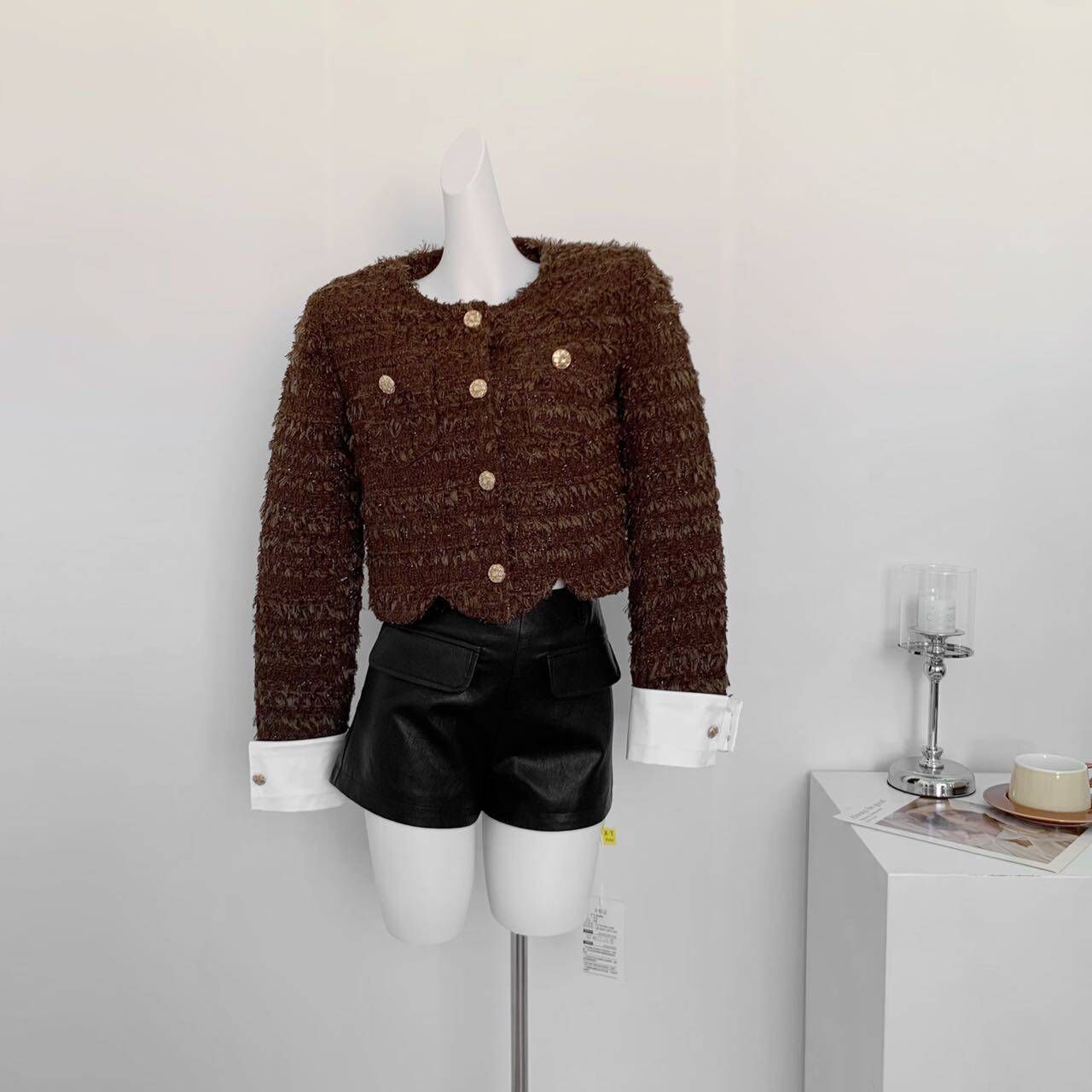 细闪流苏纱可拆卸撞色袖口夹棉小香风短外套女秋冬棉服