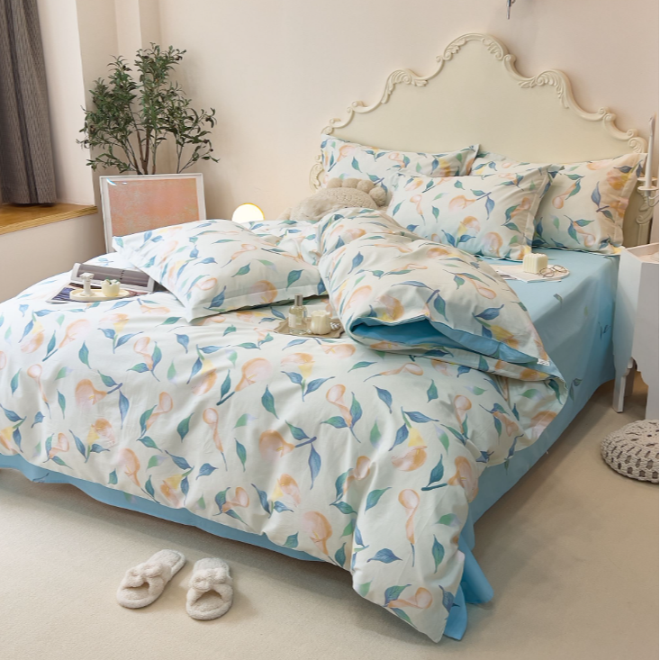 蓝色幽梦四件套100%全棉新款花卉时尚印花四季款（黛菲儿）