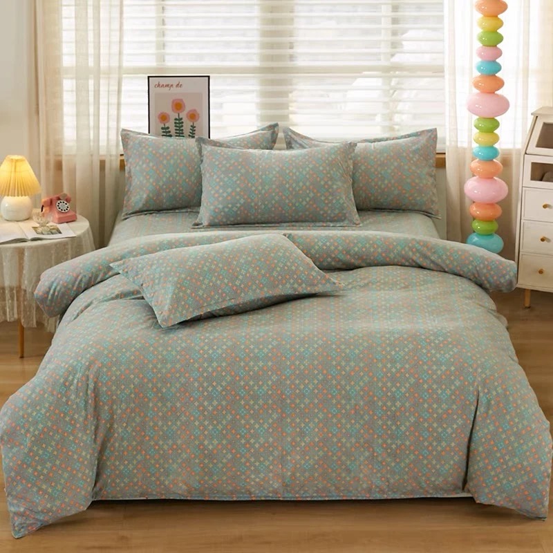 蓝碎花.咖色心格被套-单人双人柔软舒适新款花卉时尚印花秋冬款