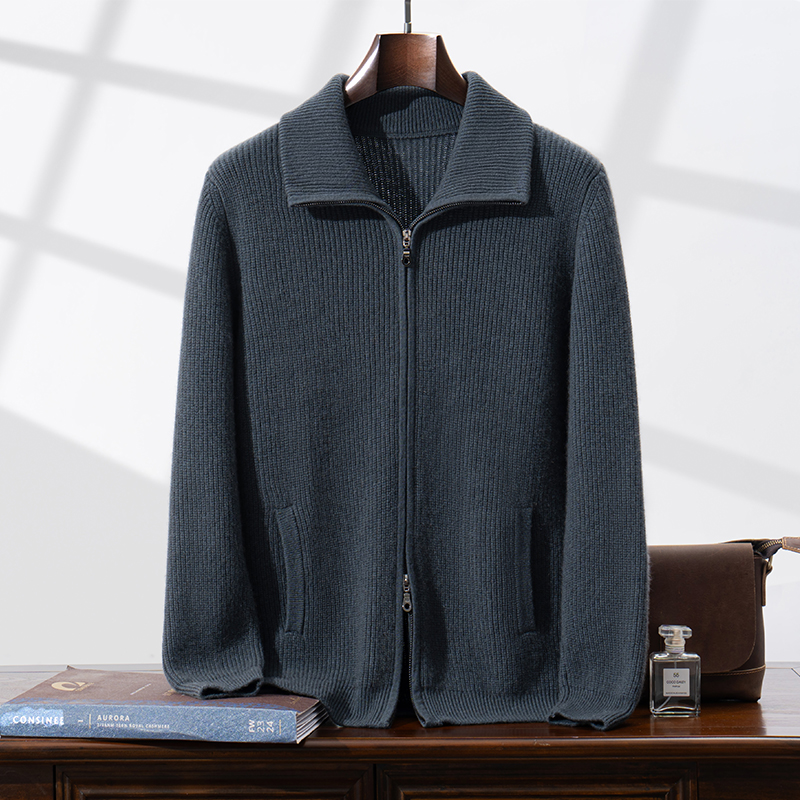 100%纯山羊绒男士加厚高领可翻领元宝针针织保暖双拉链外套开衫