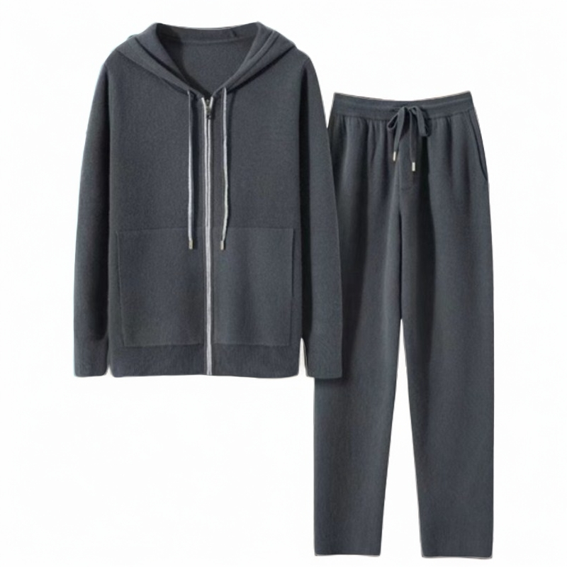 男士100%纯山羊绒套装秋冬加厚连帽开衫直筒裤休闲运动针织套装