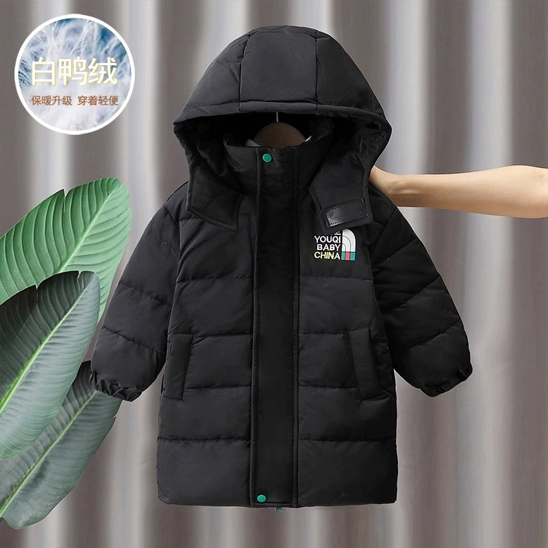 儿童黑色羽绒服2023冬季新款宝宝过膝中长款衣服男童90白鸭绒冬装