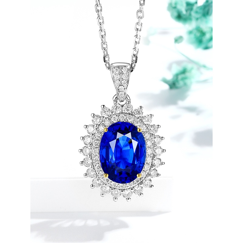宝石哥 戴妃款皇宝蓝宝石吊坠女18K金经典款彩色宝石吊坠项链女
