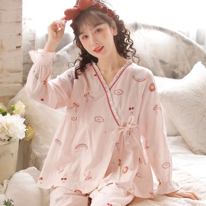 棉睡衣春夏V领和服睡衣女士睡衣春秋长袖月子服薄款家居服套装