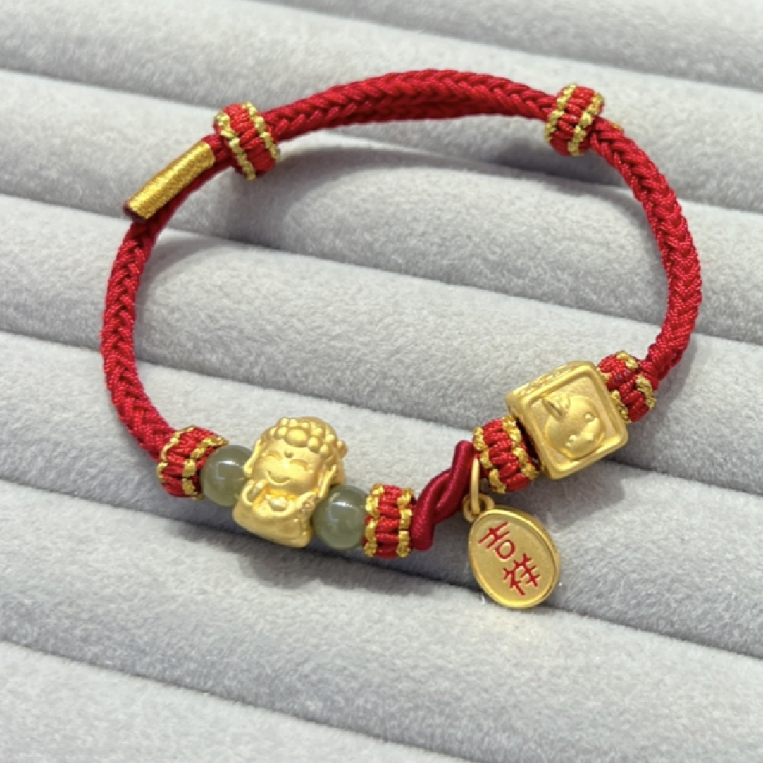 足金999三合转运珠十二生肖黄金手串手工编绳黄金转运珠本命年