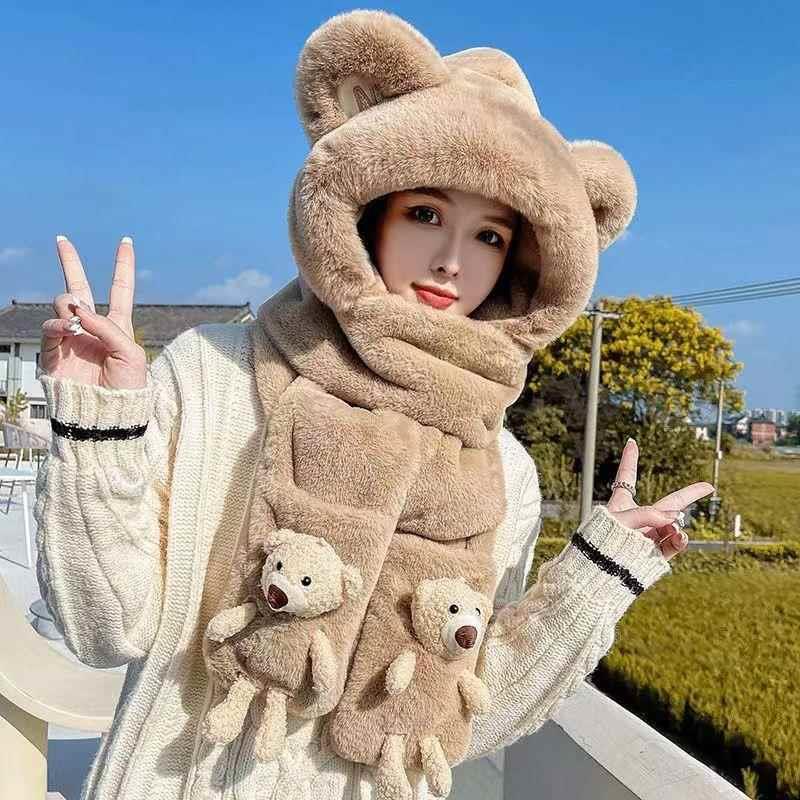小熊帽子女冬季毛绒保暖加厚骑车防风连帽围脖围巾手套一体三件套