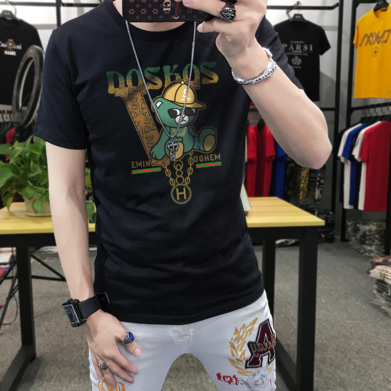 欧洲站2025夏季新款短袖男t恤时尚小熊印花圆领半袖体恤青年上衣