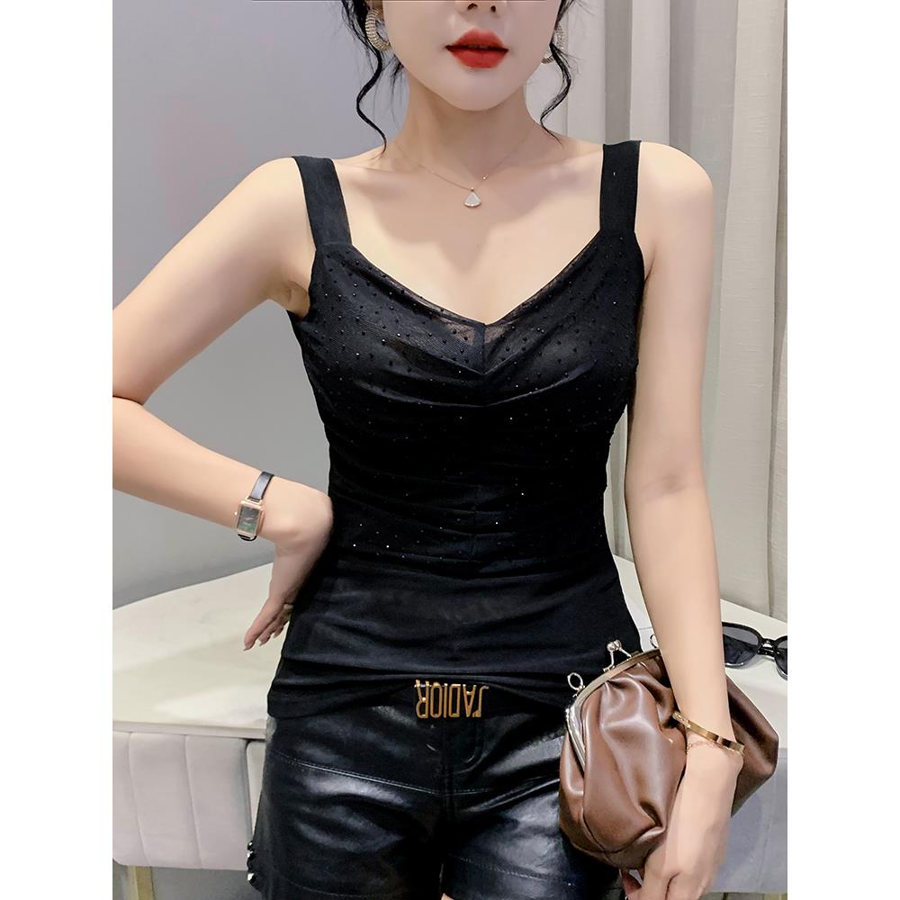时尚烫钻吊带背心女夏性感网纱无袖上衣外穿内搭西装打底显瘦小衫
