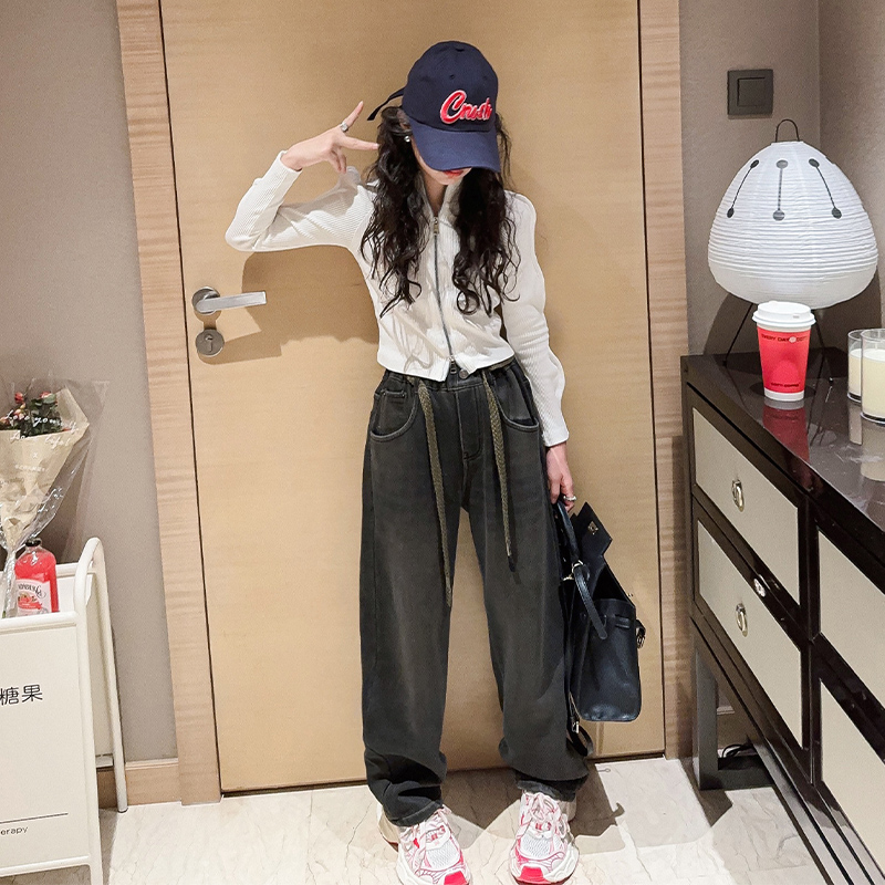 俏咪咕女童冬季新款韩版洋气时髦加绒牛仔老爹裤