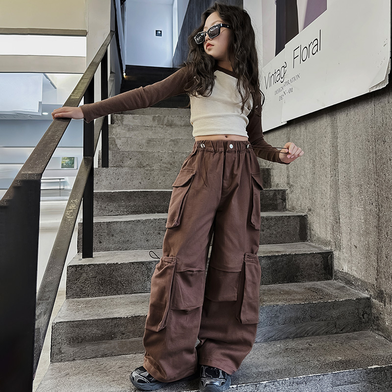 俏咪咕女童春季新款韩版洋气潮酷帅气复古上衣工装裤套装