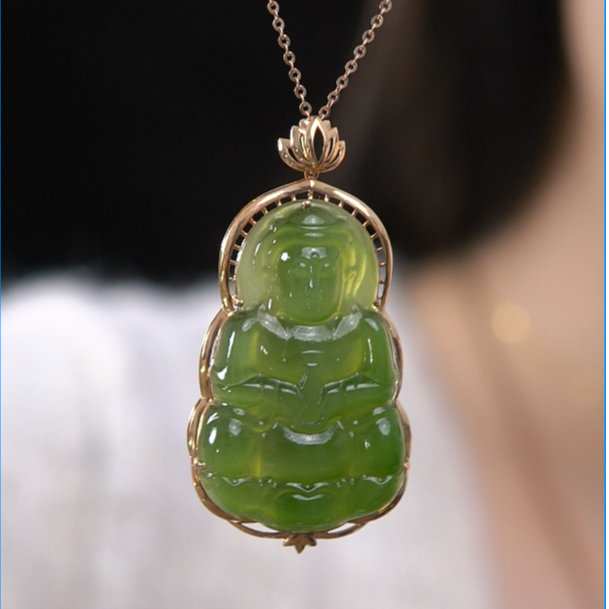18k金豪镶和田碧玉阳绿观音