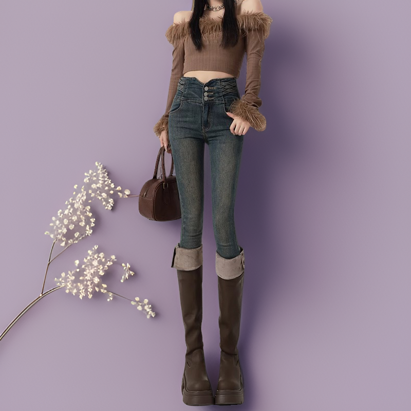 新款高腰牛仔裤女紧身秋冬季显高显瘦弹力加绒