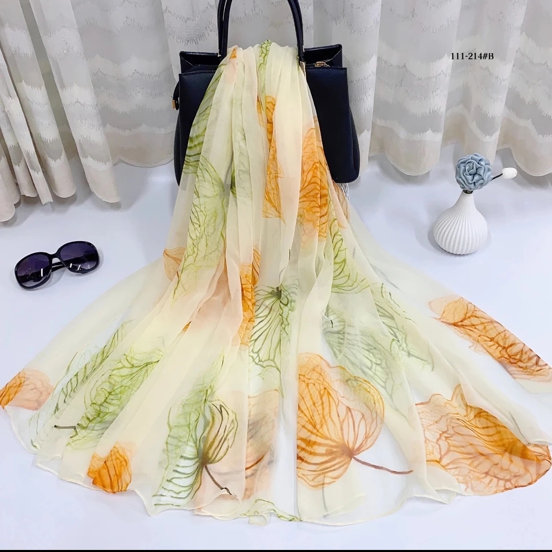 秋冬白色围巾鳄鱼皱【松花绿叶】140*180夏季遮阳防晒时尚保暖丝巾