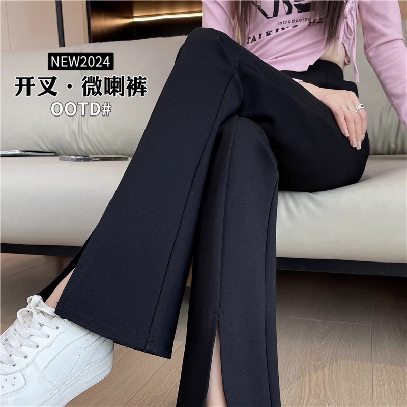黑色开叉微喇裤子女春秋高腰垂感2025新款裤子高腰休闲喇叭裤子女
