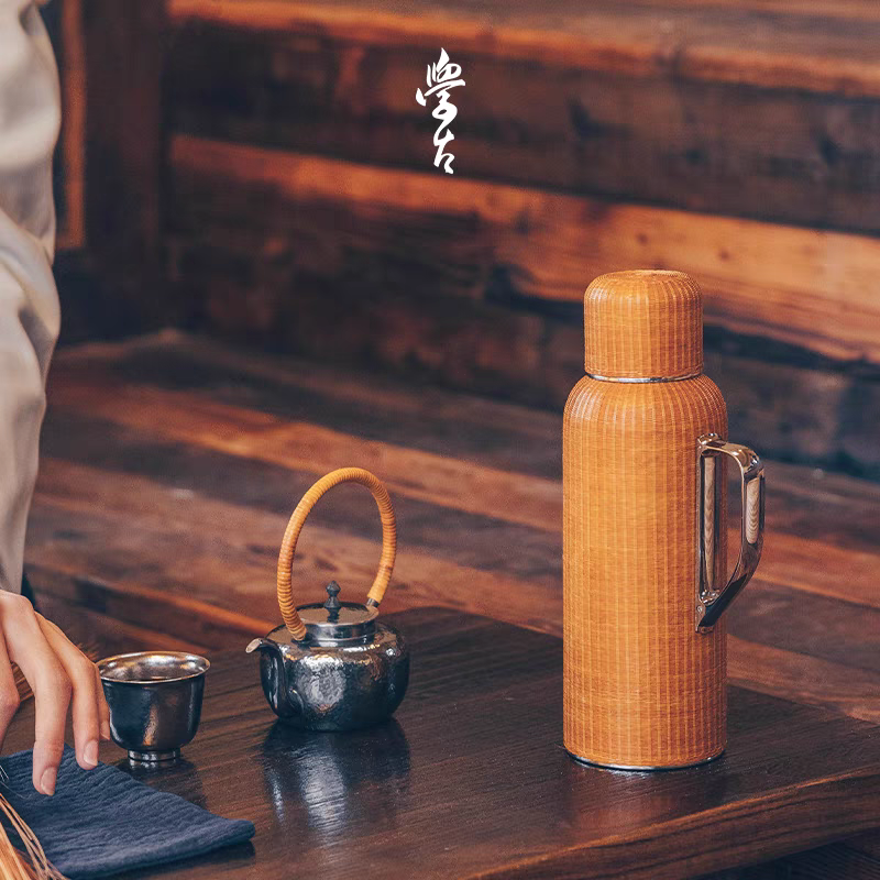 学古|传家壶茶杯家用竹雅·迷你595ml竹丝茶具纯钛内胆(拆封不退)