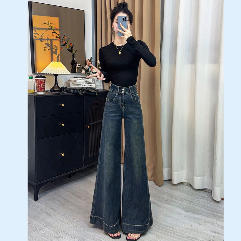 牛仔裤女高腰复古春秋新款弹力网红宽松直筒裤百搭显瘦长裤潮7762