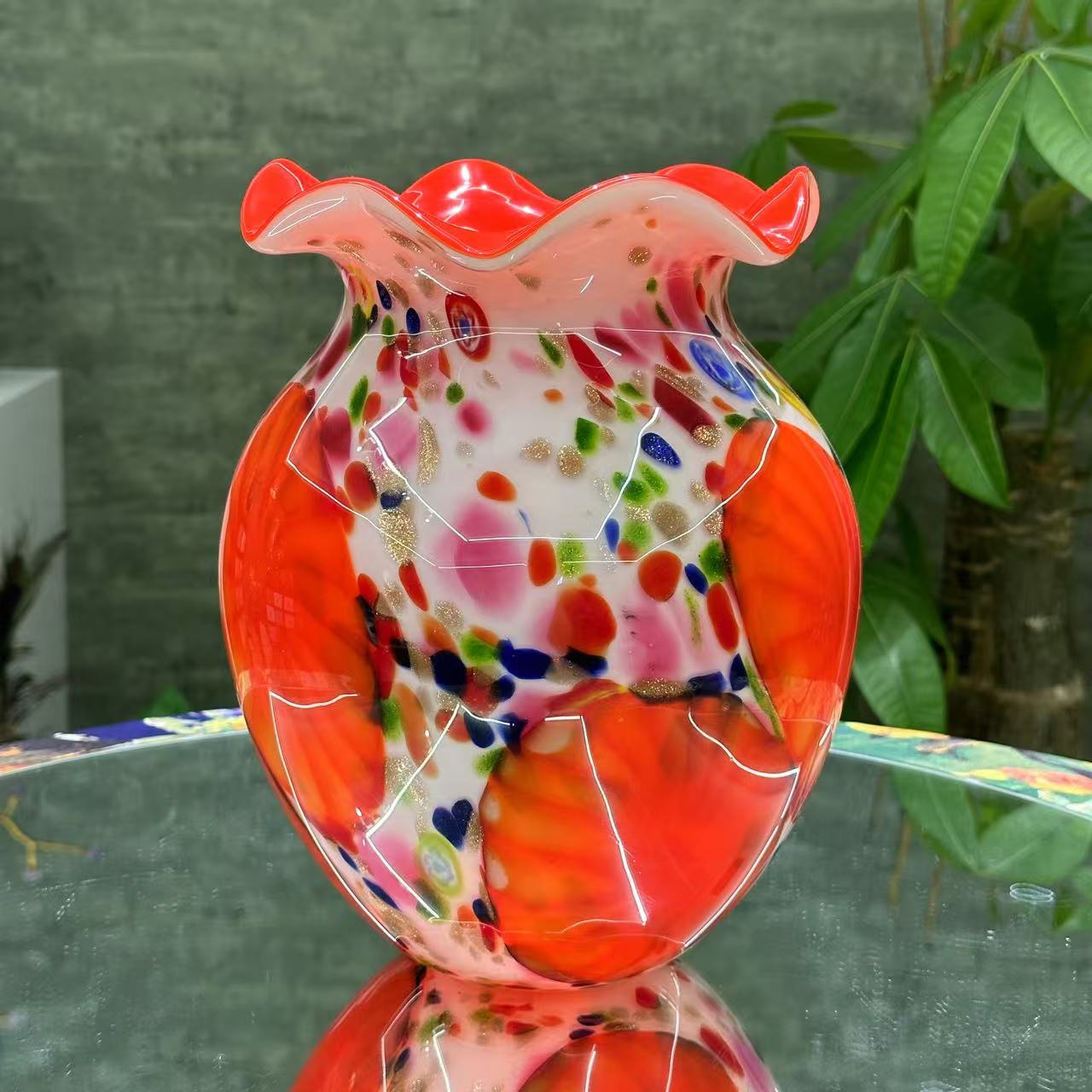 【摩登良品】手工琉璃牡丹红花口瓶现代新中式简约电视柜酒柜摆件