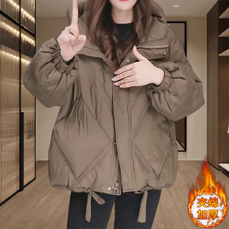 冬季连帽百搭短款夹绵加厚棉服2023新款宽松大码女装开衫保暖外套