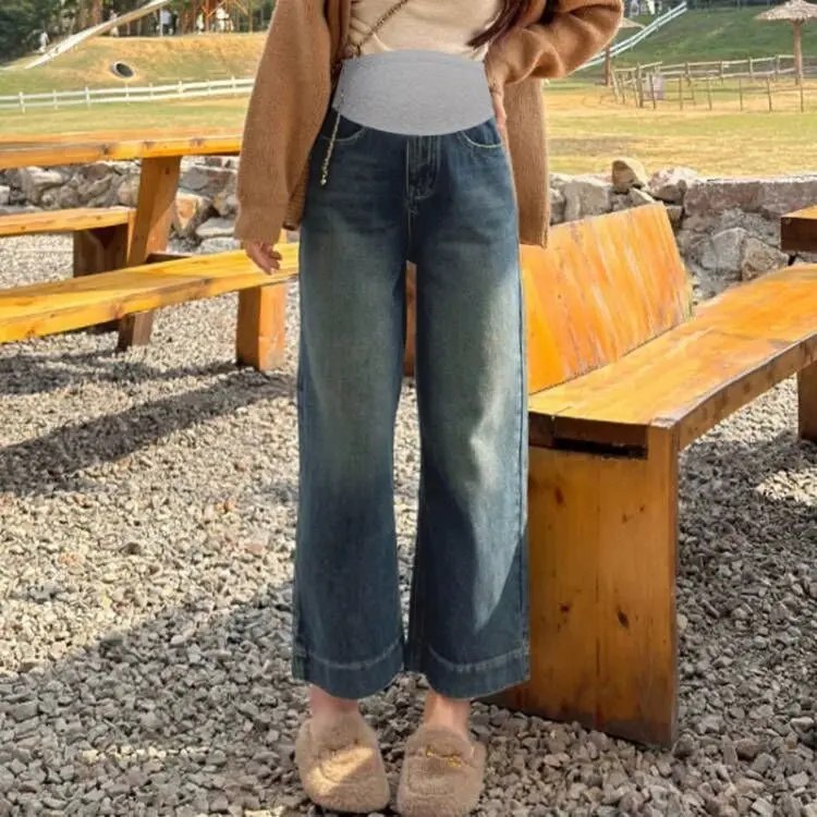 Y孕妇裤秋冬季外穿阔腿直筒宽松复古牛仔长裤孕妇时尚高腰显瘦