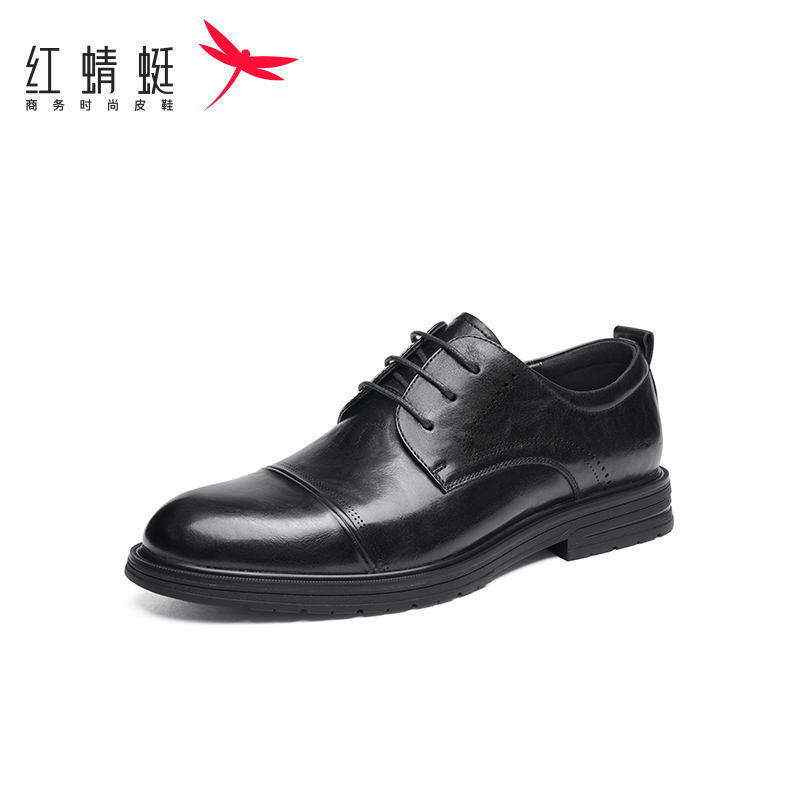 红蜻蜓男士皮鞋百搭时尚商务正装三接头男鞋舒适英伦风系带结婚男