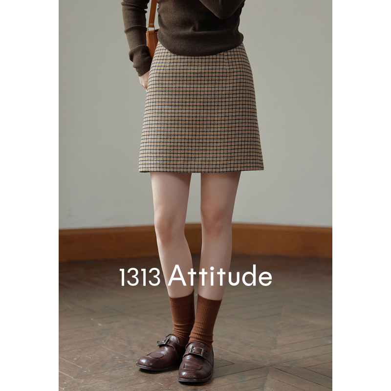1313复古美拉德格子羊毛毛呢短裙2023冬女高腰气质显瘦呢子半身裙