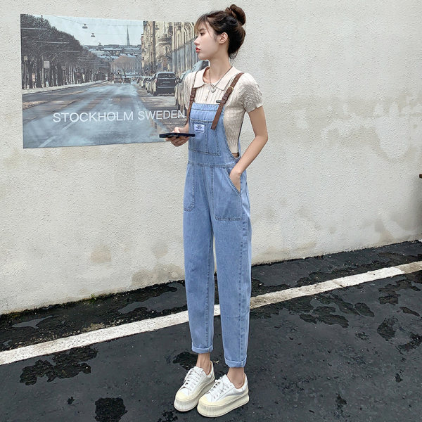 2盐系高腰牛仔背带裤女时尚小个子阔腿拖地长裤