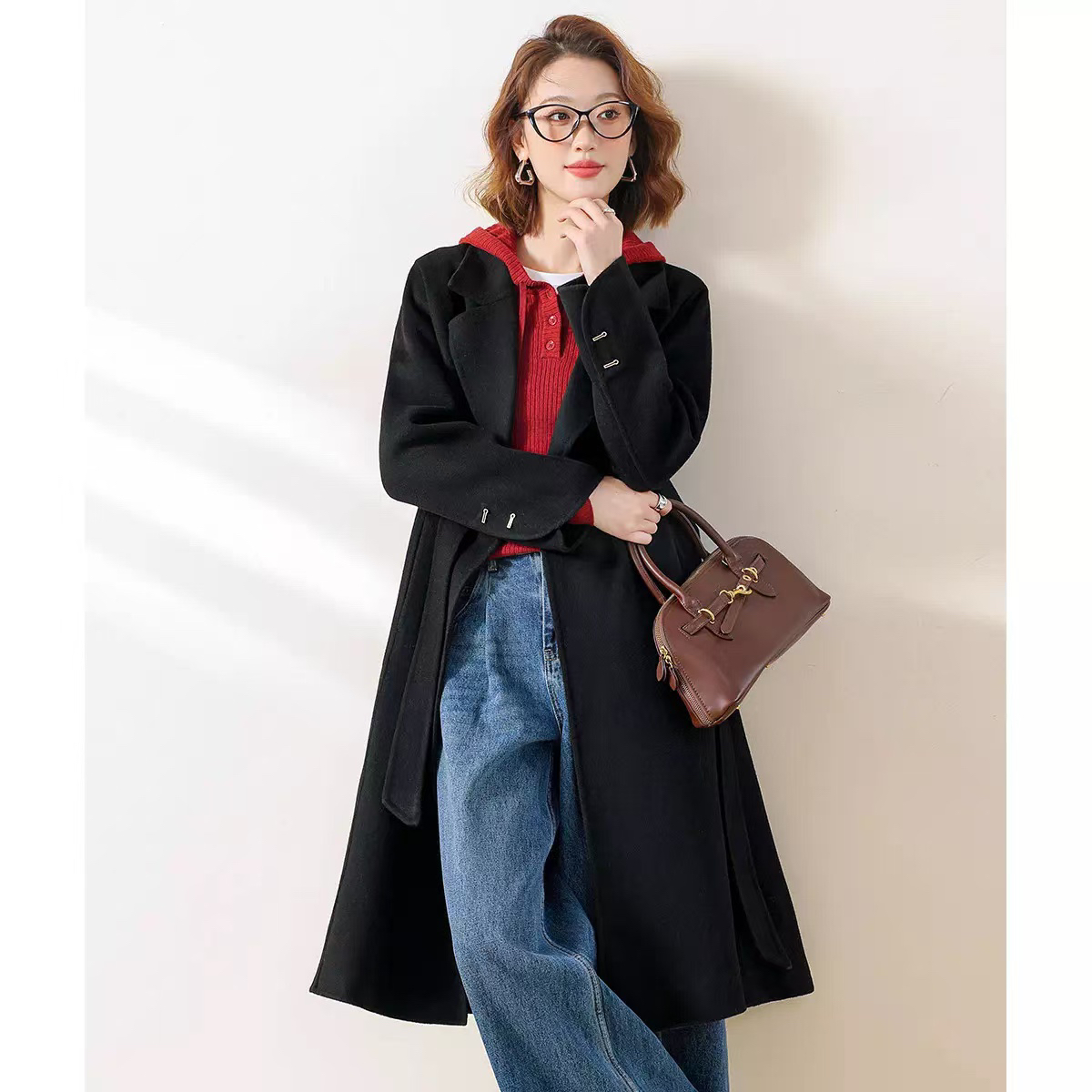 【2401157】秋冬纯色双面呢简约长款羊毛大衣女气质百搭2024新款