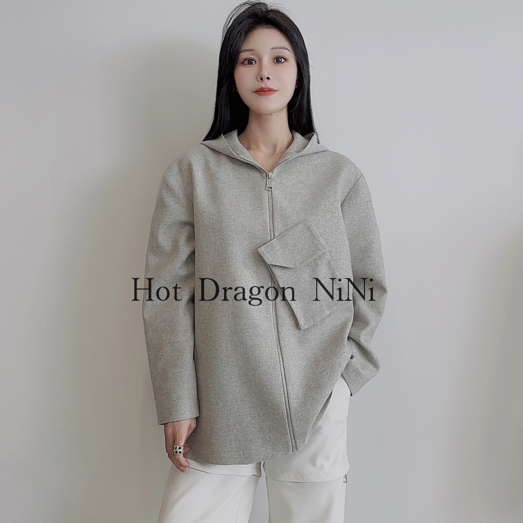 「Hot Dragon NiNi 」 设计师品牌 灰色拉链前立体口袋设计时髦外套