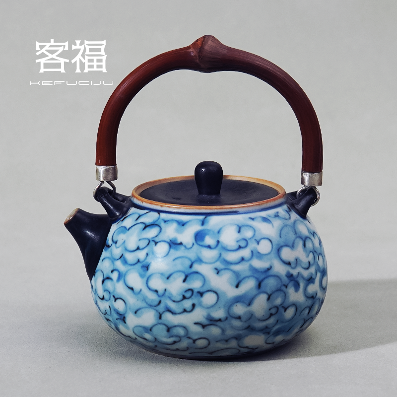 客福朴云堂景德镇手绘陶泥复古青花瓷古朴家用款泡茶壶提梁壶茶壶