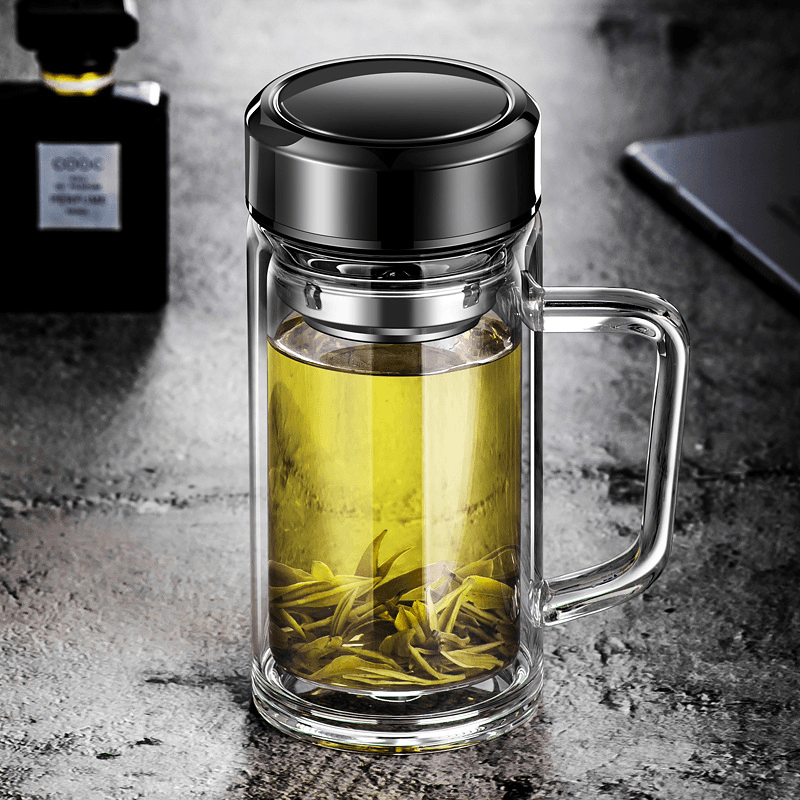 高档透明双层大容量带把手泡茶杯男女便携耐高温带手柄老板杯加厚