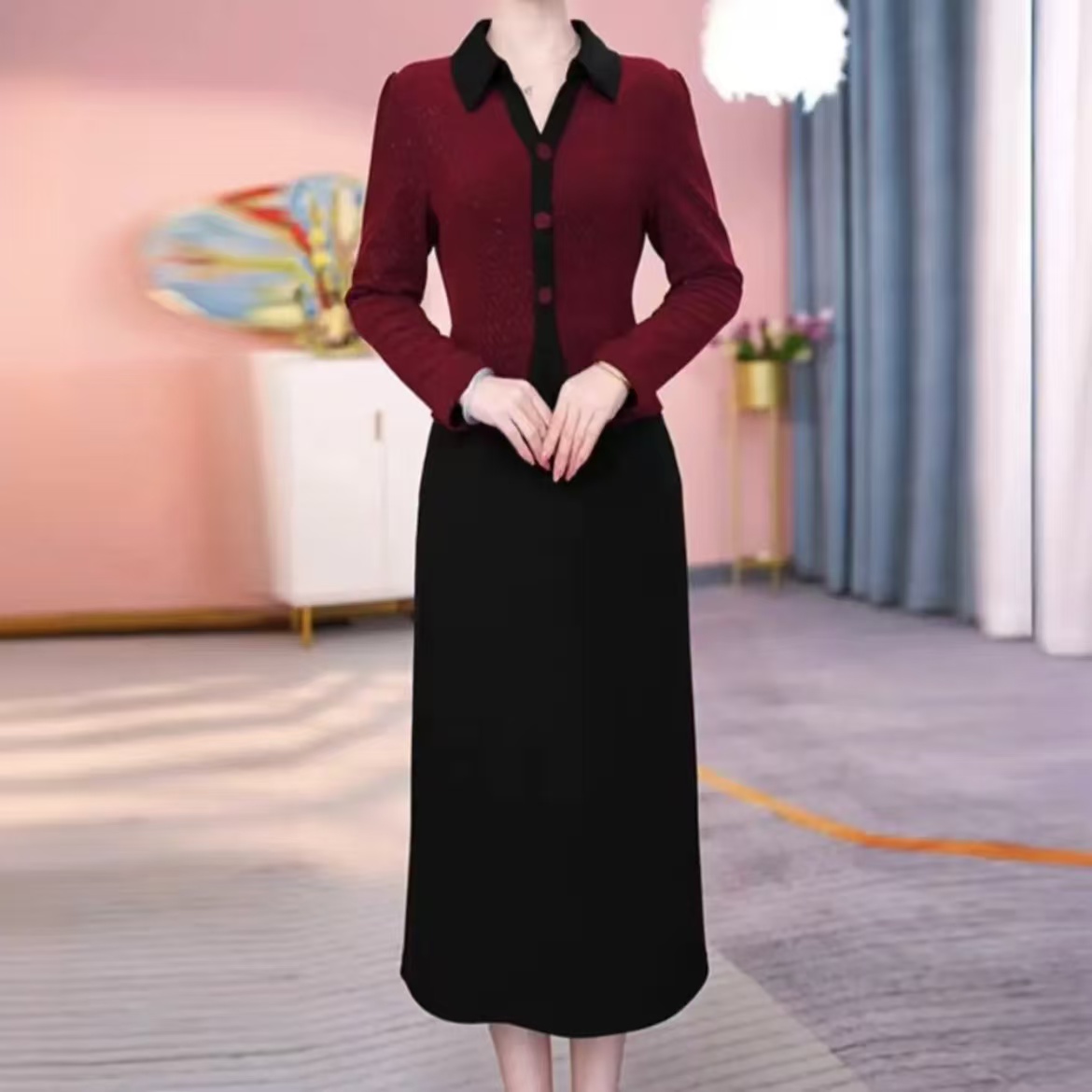 【吉遇优选】1167-01#秋冬新品锦棉拼接气质假两件显瘦连衣裙