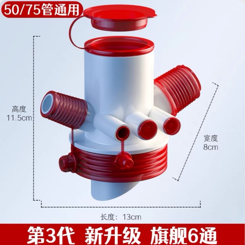 通用型厨房下水三通六合一水槽下水管道件万能接头防臭器密封圈PE