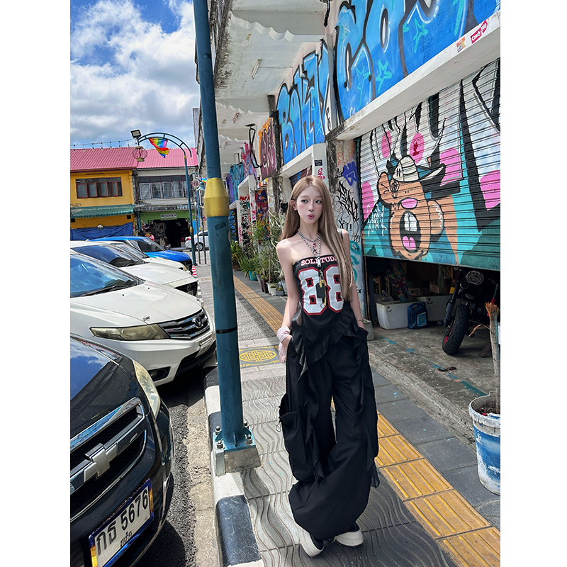 莫欣欣&夏季美式辣妹工装裤女款宽松休闲运动黑色阔腿裤子240293