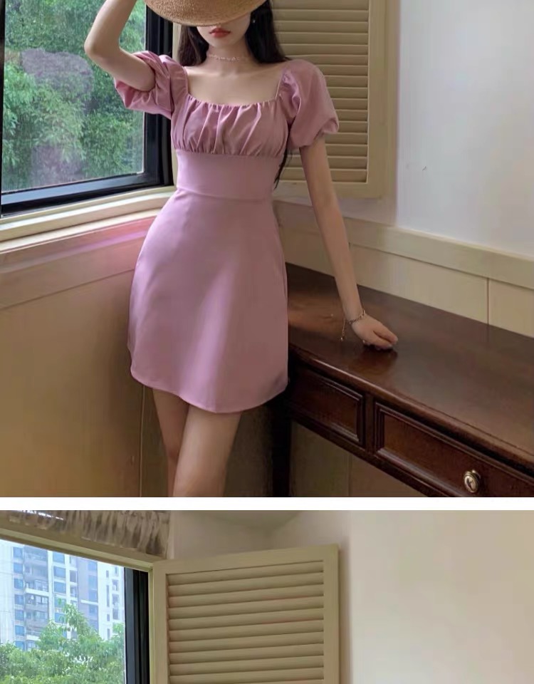 yls法式雪纺风旅游黑色泡泡袖露背连衣裙子女夏季设计感小众收腰