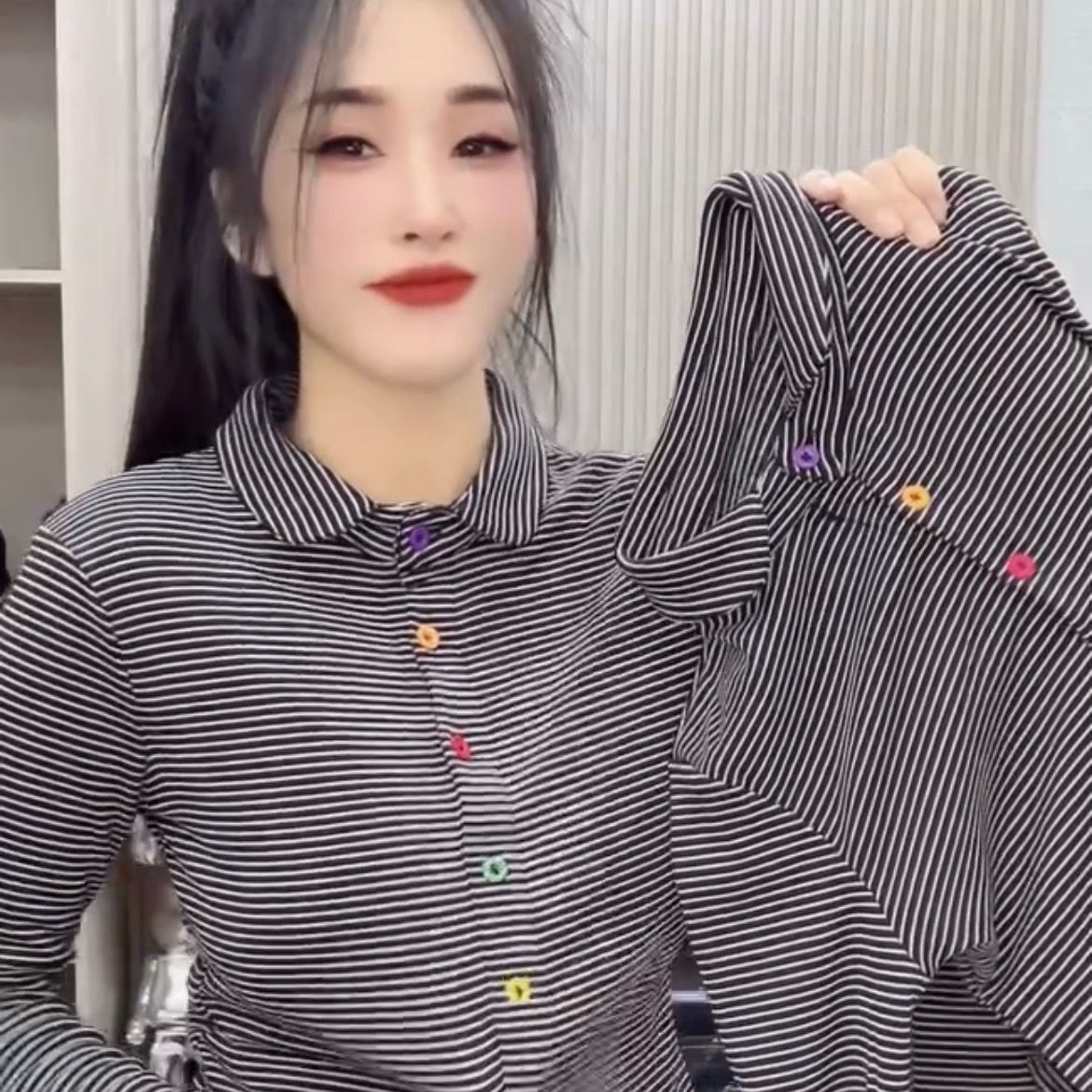 牛仔白衬衣冬季新款拼接彩扣polo领衬衫女时尚洋气百搭开衫上衣潮
