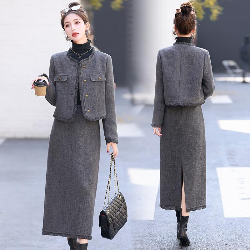 法式小香风套装裙女2025春秋新款高级感气质加棉保暖半身裙两件套