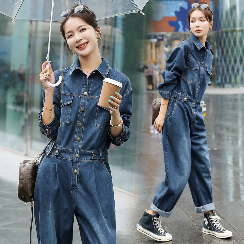 洋气减龄牛仔连体裤女2025年春秋新款休闲时尚高腰显瘦工装连衣裤
