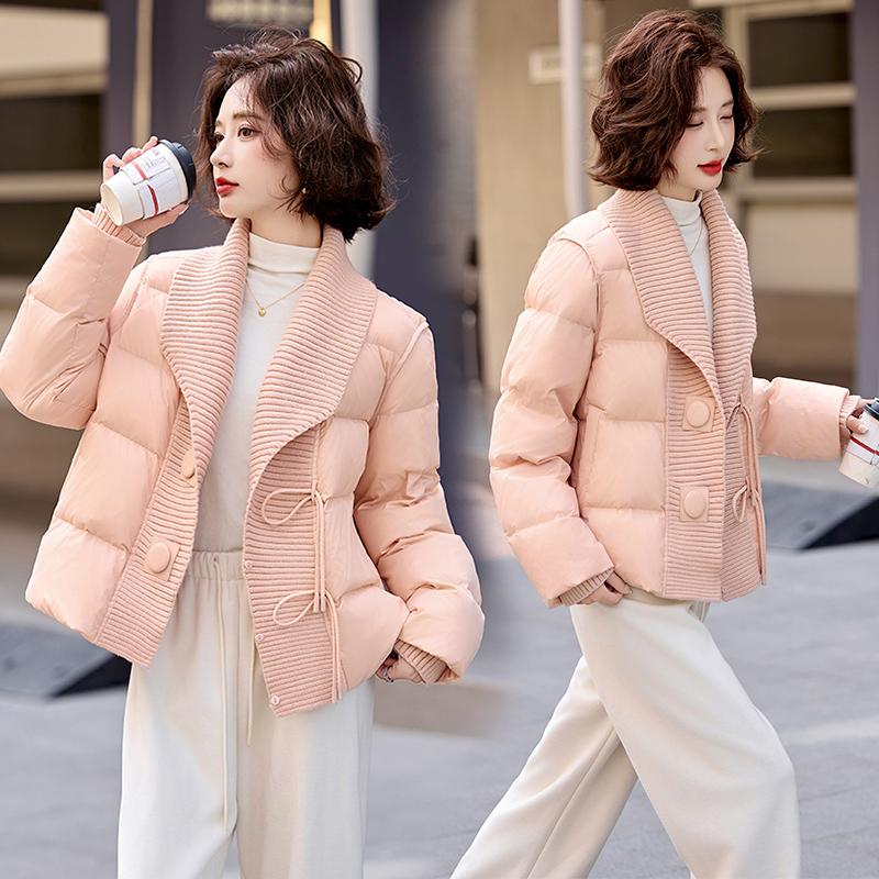 小香风针织拼接羽绒服女2025冬季新款韩版气质温柔白鸭绒短款外套